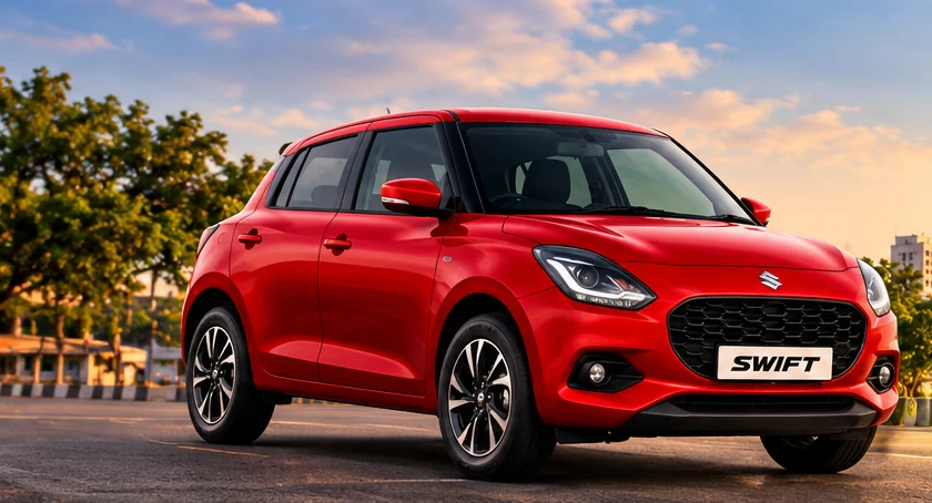 Red Maruti Suzuki Swift parked in front of the Charminar in Hyderabad at golden hour