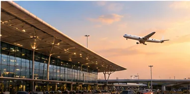 Airport terminal at dusk with a plane taking off